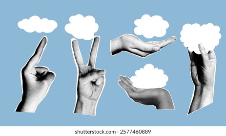 Retro collage with hands and fluffy white clouds. Vector illustration