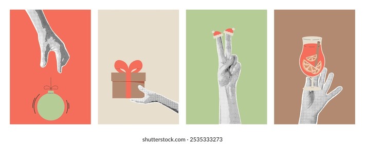 Retro collage with hands and newspaper elements. Halftone collage and doodle vector posters set. Holiday concept