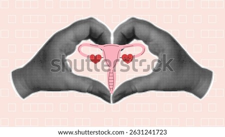 Retro collage of hands in the shape of a heart with a female uterus. Concept of pregnancy and new life.