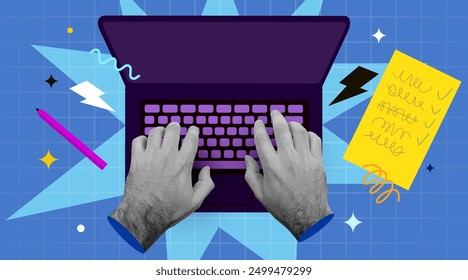 Retro collage. Human hands and laptop. IT work concept. Vector illustration