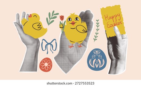 Ilustración de collage retro para las manos del medio tono de la vendimia de Pascua feliz que sostienen pollitos amarillos lindos y nota con el texto escrito a mano. Diseño de Vector de saludo estacional