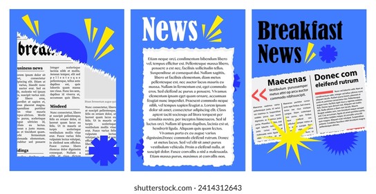 Retro collage from newspaper clippings. Torn newspaper with geometric elements. Morning news, newspaper. A set of collages for banners, postcards, etc. Vector illustration.