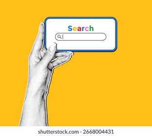 Retro collage on the theme of internet search. Hand with halftone effects holds a phone, search on the screen.