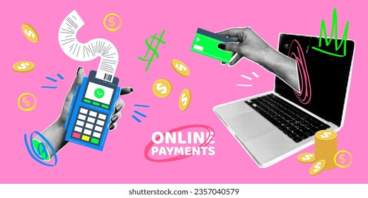 Retro collage on the topic of online payment for purchases. Halftone effect hands in vintage 90s style. Vector illustration, terminal in hand, credit card, computer.