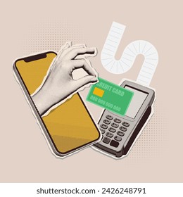 Retro collage of online payment for purchases. Halftone effect hand holding credit card in vintage 80s 90s style. Vector illustration