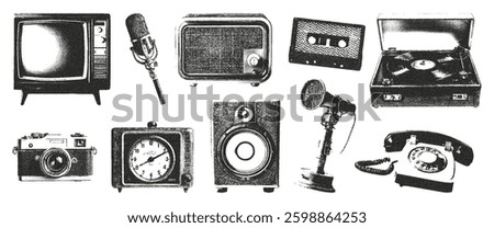 Retro collage photocopy elements a film camera, a vintage clock, radio, a microphone, antique telephone, record player, old TV. Vector illustration.
