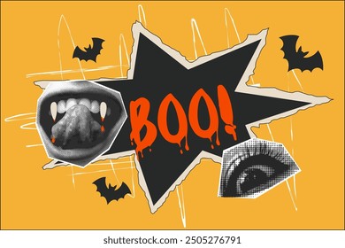 Póster de collage retro, semitono de Anuncio Boo . dientes de vampiro y ojo, Vector