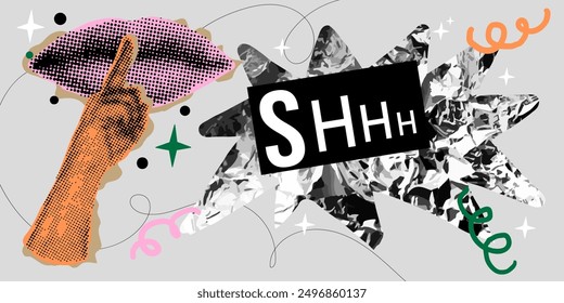 Retro collage sale banner with lips and hands gesture. Advertising vector poster with vintage cutout shape.	