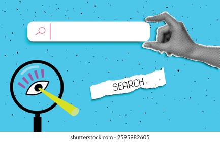 Retro collage style search bar. Hand with halftone effect and shadow. Vector banner with magnifying glass and eye.