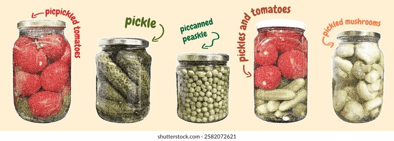 Retro collage of trendy pickled snacks with vibrant jars filled with pickles, pickled tomatoes, and mushrooms showcasing gourmet fermentation techniques.