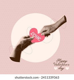 Retro collage for Valentine's Day. Vector illustration with halftone hands holding heart. Concept of vintage collage for Valentine's Day with cut out symbols and newspaper clipping.