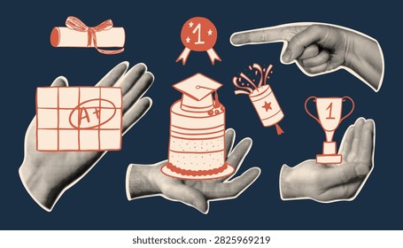 Retro collage with vintage halftone hands holding graduation celebration elements. Vector illustration with layer cake, diploma, trophy, party popper and perfect school grade on dark blue background