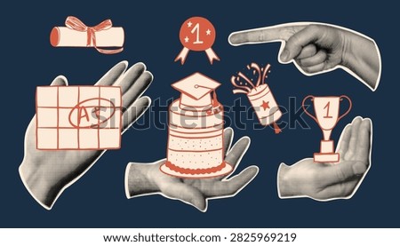Retro collage with vintage halftone hands holding graduation celebration elements. Vector illustration with layer cake, diploma, trophy, party popper and perfect school grade on dark blue background