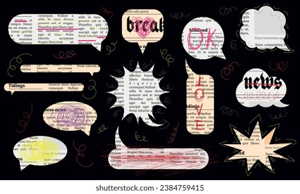 Retro collage. Vintage newspaper in the form of messages from messengers, doodle elements. Collage of text messages, vintage newspaper and doodle elements. Vector