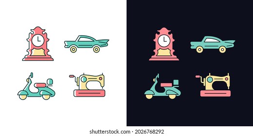 Retro sammelt helle und dunkle Thema RGB-Farbsymbole gesetzt. Antike Uhr. Klassisches Auto. Vintage Moped. Einzige Vektorgrafiken auf weißem und schwarzem Hintergrund. Einfach gefüllte Zeichnungen