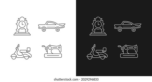 Retro collectables linear icons set for dark and light mode. Antique clock. Classic car. Vintage moped. Customizable thin line symbols. Isolated vector outline illustrations. Editable stroke