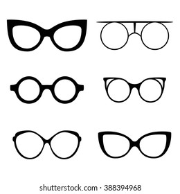 Retro collection of 6 various glasses. Sunglasses black silhouettes. Eye glasses set. Vector illustration EPS 10