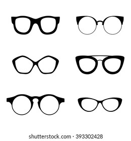 Retro collection of 6 various glasses. Sunglasses black silhouettes. Eye glasses set. Vector illustration EPS10