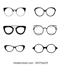 Retro collection of 6 various glasses. Sunglasses black silhouettes. Eye glasses set. Vector illustration EPS10