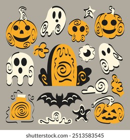  retro collection of classic hand-drawn Halloween drawings pumpkins ghosts bats and salt