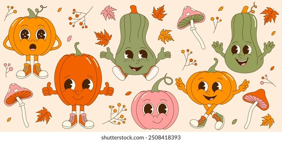 Retro collection of cute pumpkin stickers. Groovy cartoon characters