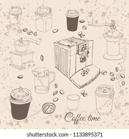 Retro collection with different coffee objects: cups, coffee grinders, coffee makers, coffee beans. Hand drawn. Lineart. Vector illustration on vintage sepia background.