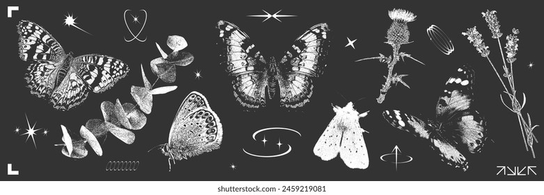 Retro collection of elements with photocopy effect. Contemporary vector stickers design, butterflies, moths, flowers, plants and Y2K shapes. Vintage negative halftone effect, trendy y2k aesthetic.