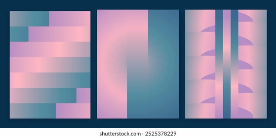 Retro collection gradient color poster style 70s background vector. Minimalist style set abstract geometric vibrant perspective 3d, gradient background design groovy, trippy shape. Vector illustration