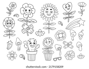 Retro Collection Of Groovy Elements. Funny Cartoon Characters With Faces Funky Flower Power With Patch, Daisy Flowers, Cactus, Mushrooms. Vector Clipart Vintage Hippy Style. Isolated Linear Doodle.