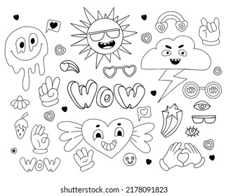 Retro collection of groovy elements. Vector clipart vintage hippy style. Funny characters sun, melted face smile, cloud with lightning, winged heart, hand gestures. Linear hand drawn doodle.