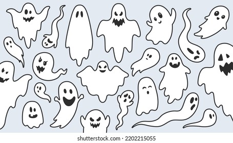 Retro Collection of Halloween ghosts. Spooky and funny white ghosts with different expressions. Vector illustration
