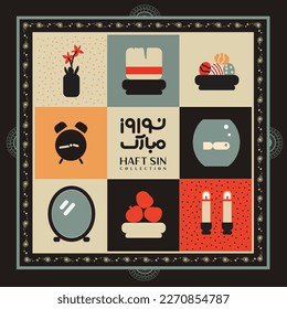 retro collection Icon Set of haft sin. new year 1402. Nowruz Greeting Card. Iranian celebration. Haft Sin is a symbol of life and freshness. greeting card of happy nowruz. Iranian new year banner.