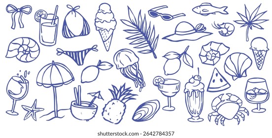 Retro collection on the theme of sea holidays. Doodle illustrations.	