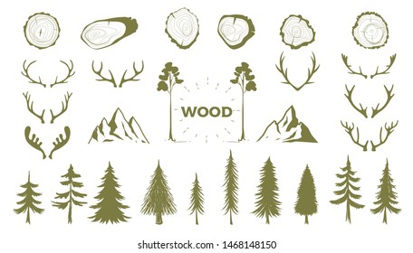 Retro collection of outdoor company, camping, adventure labels. Old style elements, mountain.  Set with tree-rings,antlers.