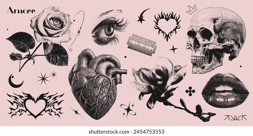 Retro collection of photocopy halftone elements in trendy Y2K aesthetic. Eye, lips, heart, skull, blade, flowers and geometric abstract shapes with grain effect and stippling. Vector dots illustration