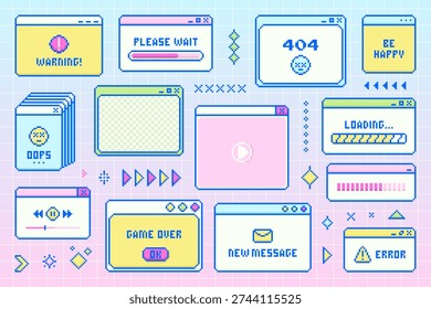 Retro collection of Pixel Art Windows and cute UI elements in Y2K style. Game Over, Loading, New Message, Warning, Error, Oops and 404 screens. Vector set for gaming, chat apps, and vintage design.