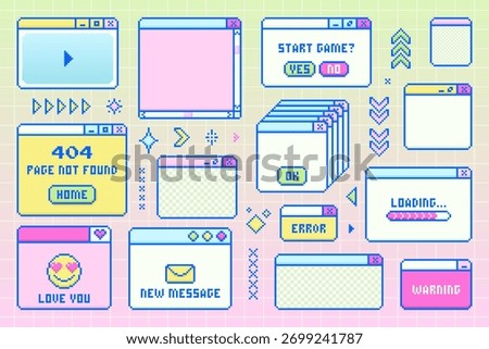 Retro collection of Pixel Art Windows and cute UI elements. Y2K style. Includes Start Game, Loading, New Message, Error, and 404 screens. Vector set for gaming, chat apps, and trendy vintage design.