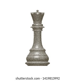 Retro collection stipple points black queen isolated on white background for game design. Chess pieces graphic drawing. Vector art.