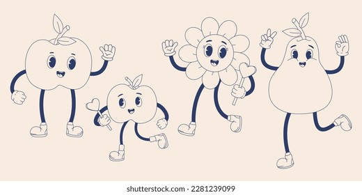 Colección retro de personajes de dibujos animados de moda. Feliz manzana linda, pera y flor Poder. Frutas de mascota de época. Ilustración vectorial. Paleta monocroma. Personajes de moda divertidos y aislados