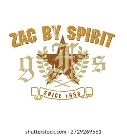 Diseño de insignia universitaria retro. Ilustración vectorial de texto ZAC con estrella de oro y corona de laurel. Tipografía de la universidad del grunge para la impresión de la camiseta y la ropa atlética.