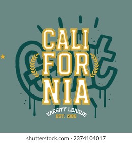 Retro college font typography California slogan print with graffiti quote GOAT for tee - t shirt and sweatshirt - hoodie. Vintage vector mixed media illustration.