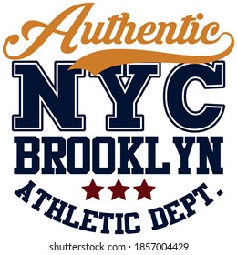 Retro College Style Brooklyn New York City Typography Slogan Print - Vintage Graphic Font Text Pattern For Man And Woman Tee / T Shirt