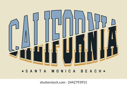 Retro college varsity distorted typography california santa monica beach slogan print for graphic tee - t shirt or sweatshirt hoodie - Vector