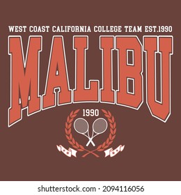 Retro college varsity font typography, Varsity Usa, Malibu slogan print for fashion tee and tshirt