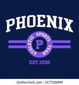 Retro college varsity typography Phoenix slogan print, vector illustration, for t-shirt graphic.