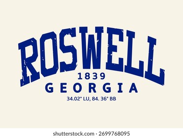 Retro college varsity typography roswell georgia state slogan with grunge effect for jersey, t-shirt, or wall art design - Vector