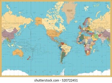 Retro Color America Centered Political World Map. Highly detailed vector illustration of World Map.