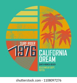 Retro color California surf illustration, vectors, t-shirt and poster graphics