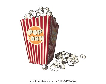 Retro color engraved drawing Popcorn in paper cup package vector illustration isolated on white background