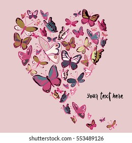 Retro color flying butterflies in the shape of heart. Vector illustration on pink background with place for your text
